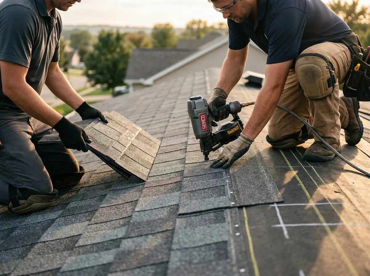 Professional roofer working on a residential roof in Carlyss
